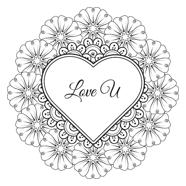 Mehndi flower with frame in shape of heart decoration in ethnic oriental doodle ornament