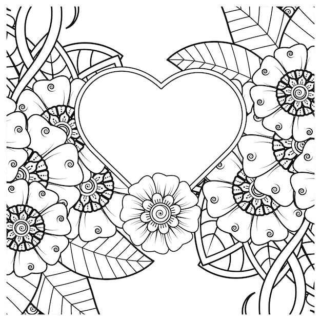 mehndi flower with frame in shape of heart decoration in ethnic oriental doodle ornament