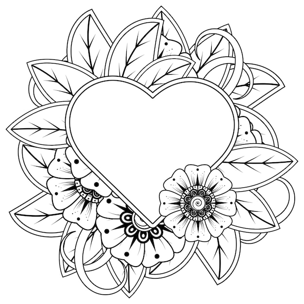 mehndi flower with frame in shape of heart decoration in ethnic oriental doodle ornament