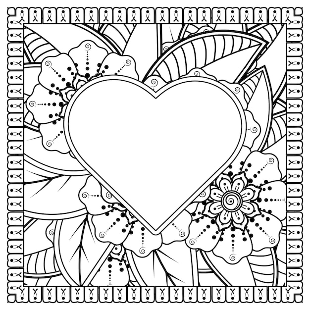 Mehndi flower with frame in shape of heart decoration in ethnic oriental doodle ornament