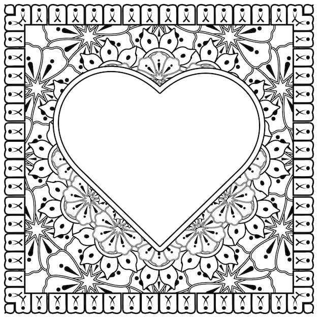 Mehndi flower with frame in shape of heart decoration in ethnic oriental doodle ornament