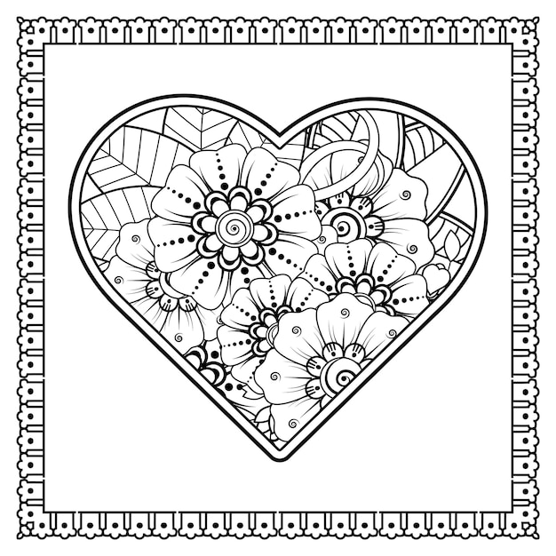 mehndi flower with frame in shape of heart decoration in ethnic oriental doodle ornament