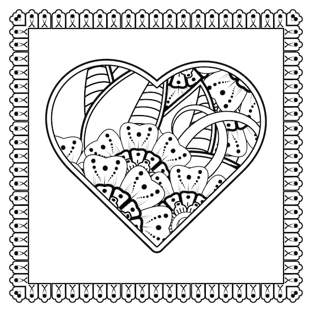 Mehndi flower with frame in shape of heart decoration in ethnic oriental doodle ornament