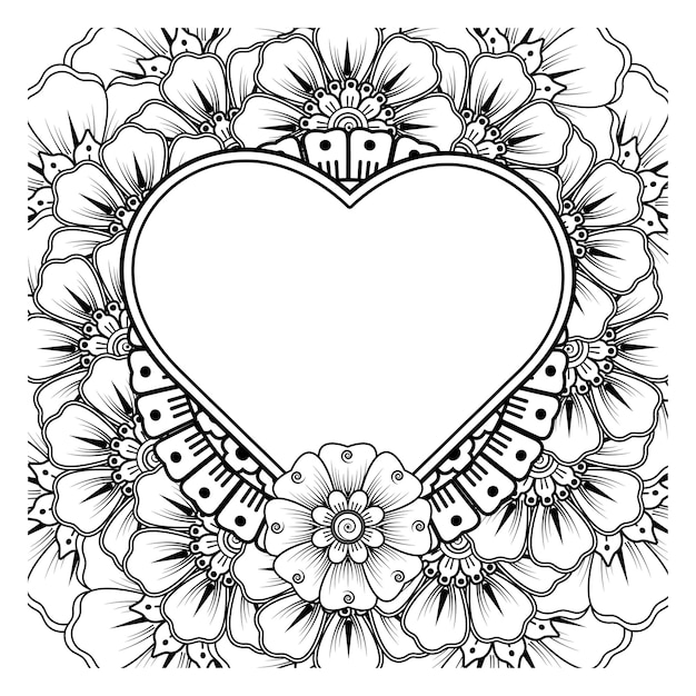 Mehndi flower with frame in shape of heart decoration in ethnic oriental doodle ornament