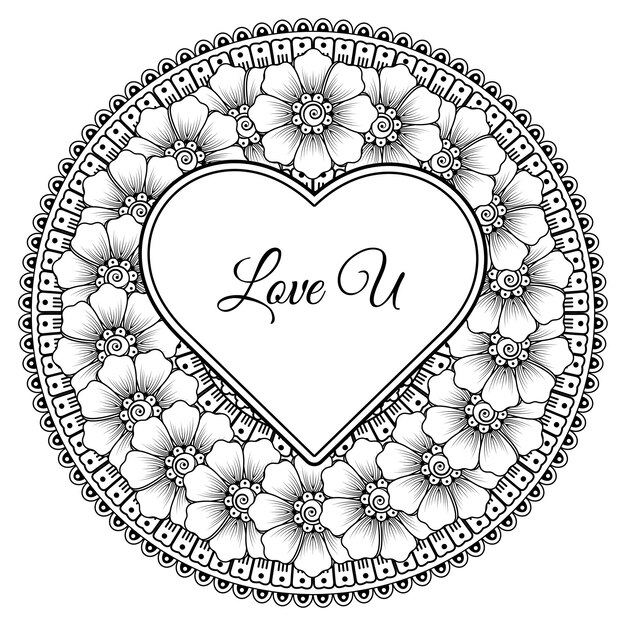 Mehndi flower with frame in shape of heart decoration in ethnic oriental doodle ornament