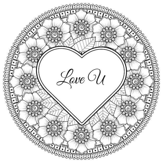 Mehndi flower with frame in shape of heart decoration in ethnic oriental doodle ornament