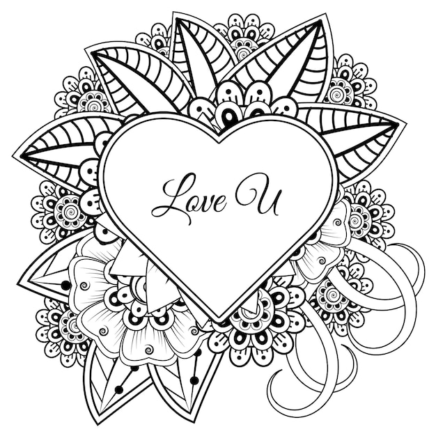 Mehndi flower with frame in shape of heart decoration in ethnic oriental doodle ornament