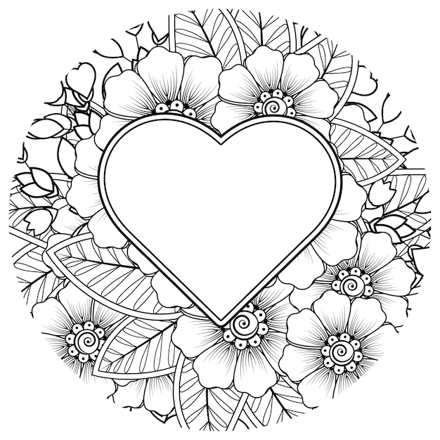 Цветок Менди с рамкой в форме сердца в этническом восточном орнаменте каракули