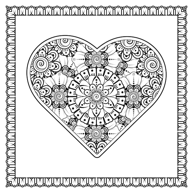 Mehndi flower with frame in shape of heart decoration in ethnic oriental doodle ornament