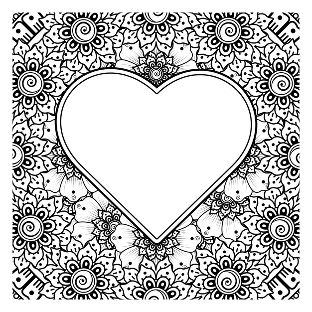 Mehndi flower with frame in shape of heart decoration in ethnic oriental doodle ornament