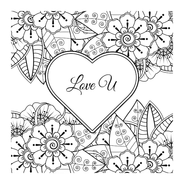 Mehndi flower with frame in shape of heart decoration in ethnic oriental doodle ornament