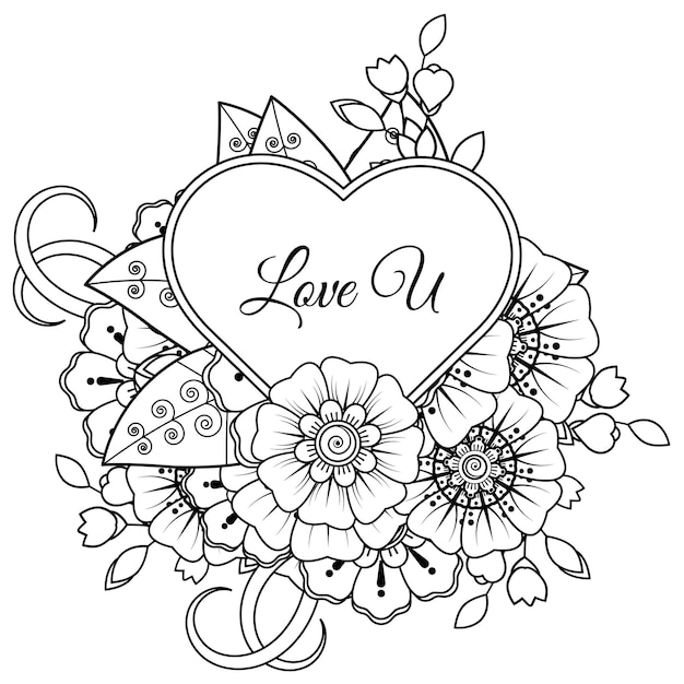 Mehndi flower with frame in shape of heart decoration in ethnic oriental doodle ornament