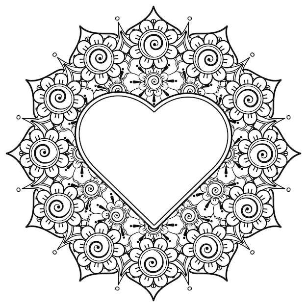 Mehndi flower with frame in shape of heart decoration in ethnic oriental doodle ornament