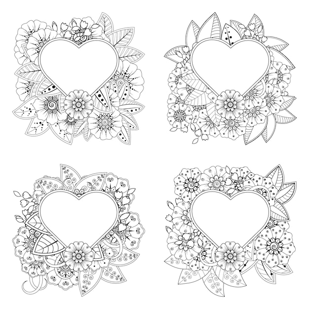 Mehndi flower with frame in shape of heart   in ethnic oriental style coloring page