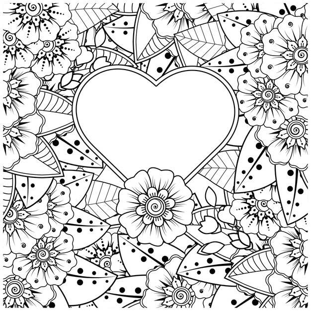 Mehndi flower with frame in shape of heart in ethnic oriental style coloring page