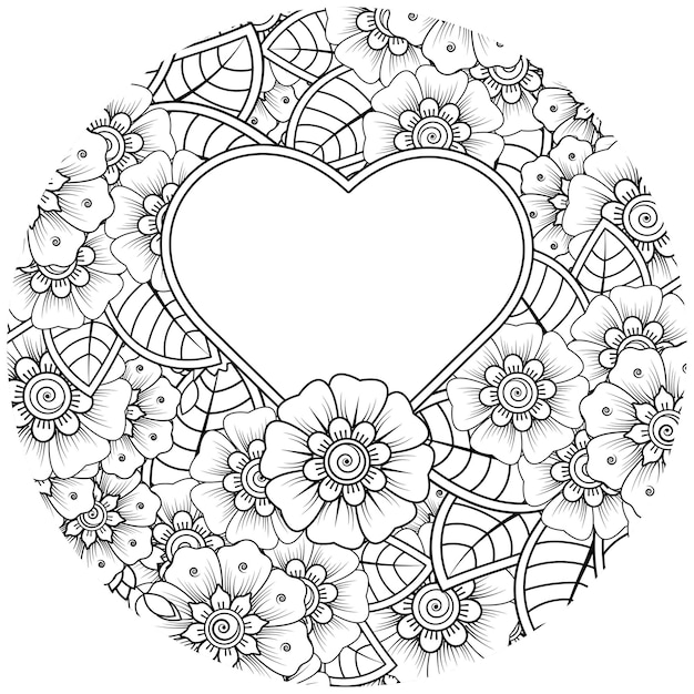 Mehndi flower with frame in shape of heart in ethnic oriental style coloring page