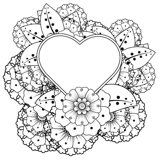 Mehndi flower with frame in shape of heart  in ethnic oriental style doodle ornament coloring book page