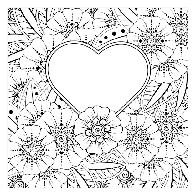 Mehndi flower with frame in shape of heart  in ethnic oriental style doodle ornament coloring book page