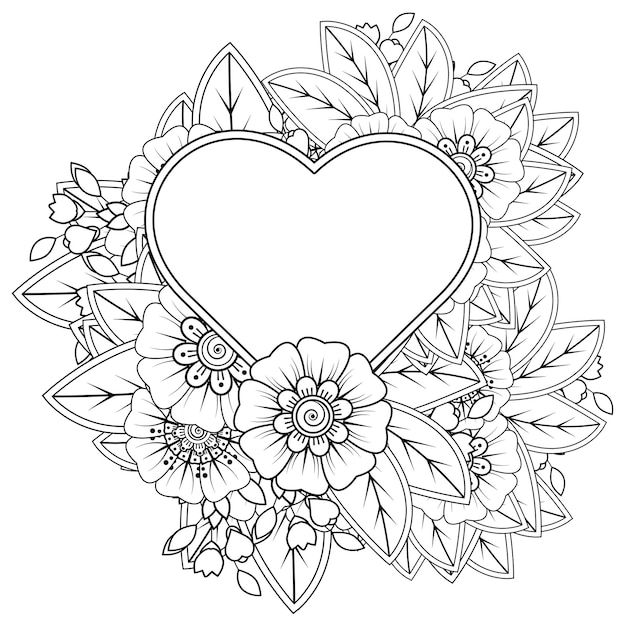 민족 오리엔탈 스타일 낙서 장식 색칠 공부 페이지에서 심장 모양의 프레임 멘디 꽃