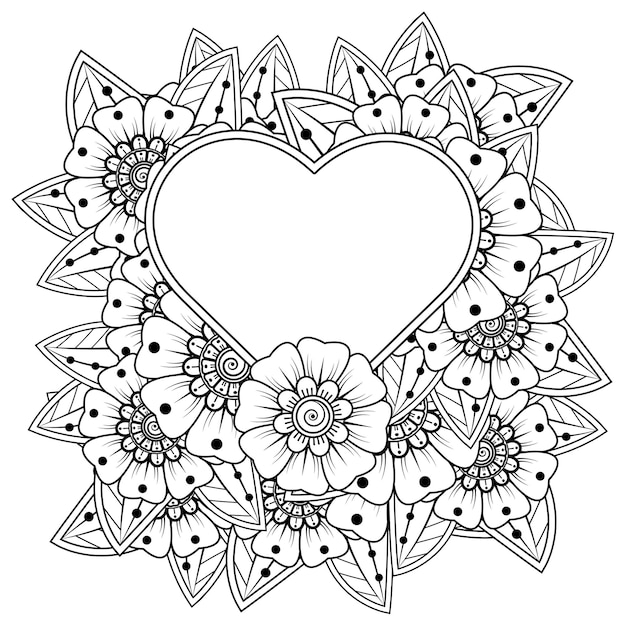 Mehndi flower with frame in shape of heart   in ethnic oriental style doodle ornament coloring book page