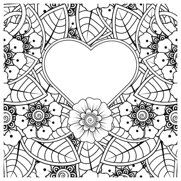 Mehndi flower with frame in shape of heart   in ethnic oriental style doodle ornament coloring book page