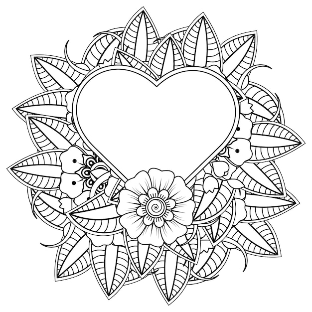 Раскраска цветок Менди с рамкой в форме сердца в этническом восточном стиле каракули орнамент