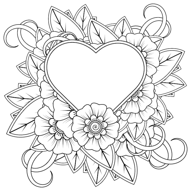 Mehndi flower with frame in shape of heart   in ethnic oriental style doodle ornament coloring book page