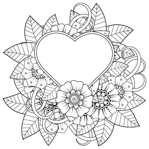 Mehndi flower with frame in shape of heart   in ethnic oriental style doodle ornament coloring book page