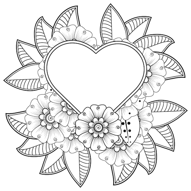Mehndi flower with frame in shape of heart   in ethnic oriental style doodle ornament coloring book page