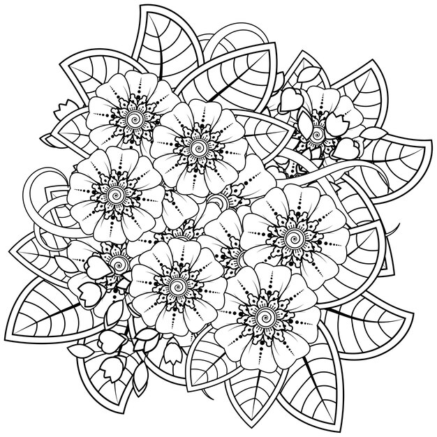 エスニックスタイルの一時的な刺青の花。手描きの着色ページの概要を説明します。
