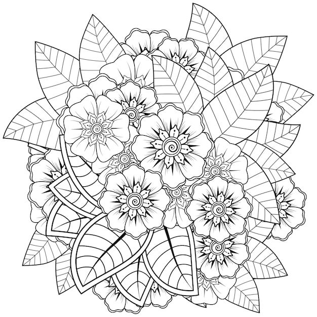 Mehndi flowers in ethnic style. Outline hand drawn  coloring page.