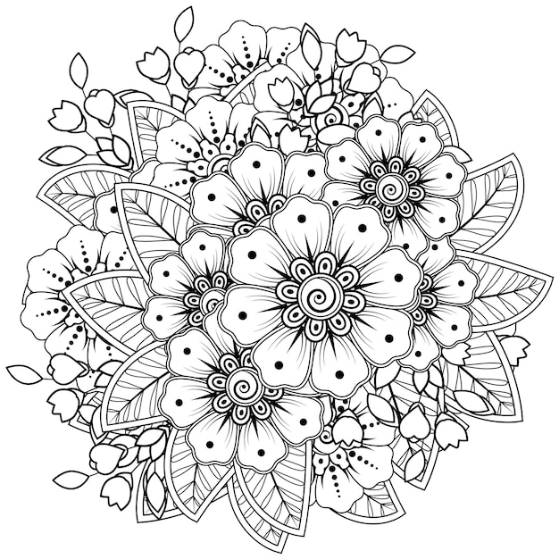 Mehndi flowers in ethnic style. Outline hand drawn  coloring page.