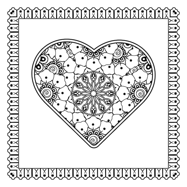 Mehndibloem met frame in vorm van hartdecoratie in etnisch oosters krabbelornament