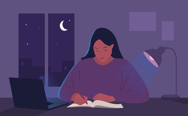 Meisje aan het werk 's avonds laat studeren Vrouw met koptelefoon en laptop Vector