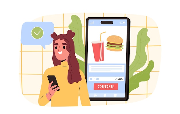 Meisje bestelt eten online Vrouw met smarthone koopt fastfood en takeaway eet online Catering en café mobiele applicatie Cartoon platte vector illustratie geïsoleerd op witte achtergrond