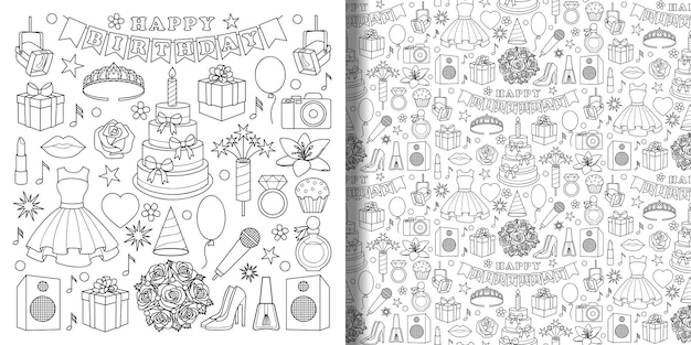 Meisje birhtday doodle objtcts set en naadloos patroon