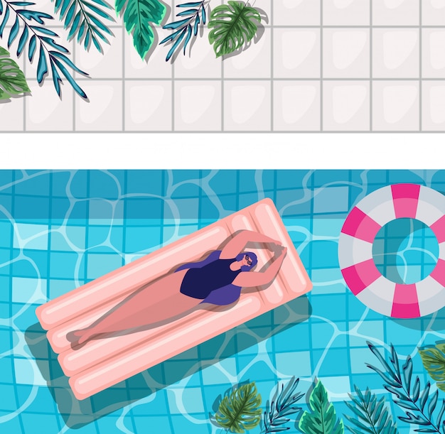 Meisje cartoon op drijven bij zwembad met bladeren bovenaanzicht ontwerp, zomervakantie