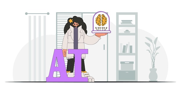 Meisje dat AI-aangedreven hersenen stijlvol weergeeft in vectortekening.
