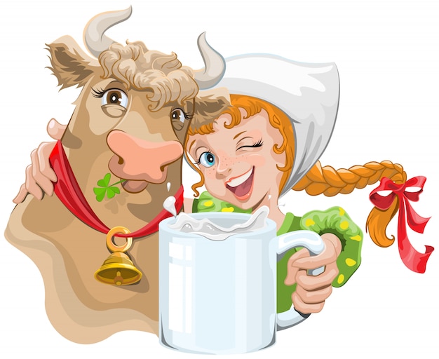 Meisje dat een koe en een landbouwer koestert die een kop van melk houdt