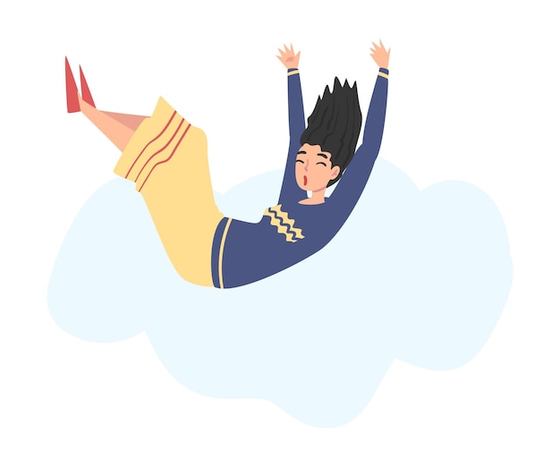 Vector meisje dat in de lucht vliegt gelukkige persoon die droomt hij streeft naar succes of geestelijke groei cartoon stijl vector illustratie