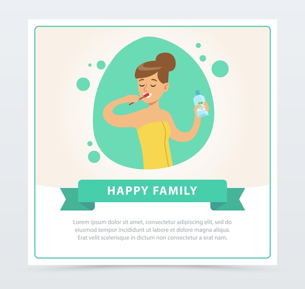 Meisje die haar tanden poetst dagelijkse routine hygiëne procedure gelukkige familie banner platte vector illustratie ontwerp element voor website of mobiele app met voorbeeld tekst