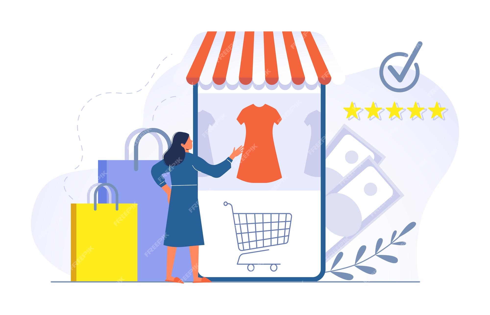 Leonardoda hefboom berouw hebben Meisje doet online winkelen, kiest kleding in de webshop vrouw gebruikt  mobiele applicatie om kleding te kopen kledingwinkel | Premium Vector