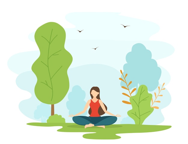 Meisje doet yoga en meditatie in een park. mooie vrouw zitten in lotushouding. gezond levensstijlconcept. illustratie met persoon in platte cartoon stijl op natuur achtergrond met boom en vogel.