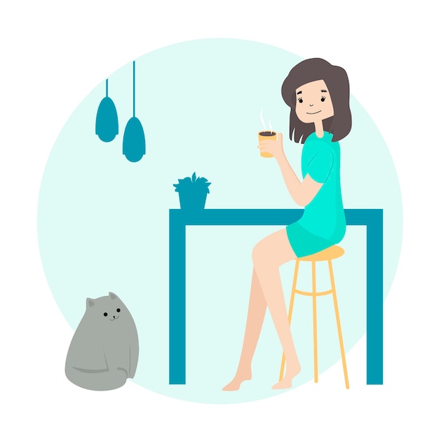 Meisje drinkt langzaam koffie Ochtendstemming Dagelijkse routineactiviteiten Leven met kat Vector plat
