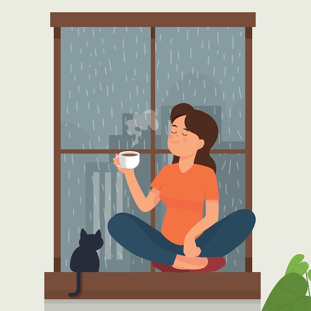 meisje drinkt thee / koffie in de buurt van venster terwijl regen buiten
