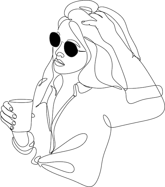 Meisje drinkt wijn of champagne uit een glas Lineair silhouet van een vrouw met een glazen beker