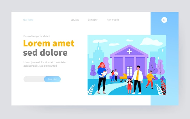 Vector meisje en haar vader bezoeken moeder met baby in het ziekenhuis. nieuwe moeder, pasgeboren kind, familie platte vectorillustratie. kraamkliniek, medisch hulpconcept voor banner, websiteontwerp of bestemmingswebpagina