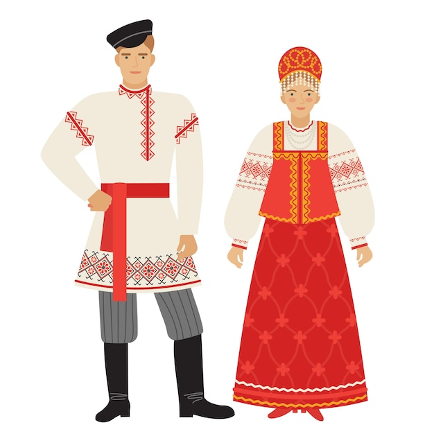 Vector meisje en jonge man in russische volkskostuum geïsoleerd op witte achtergrond vector illustratie eps 10