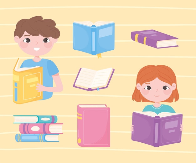 Meisje en jongen die boeken lezen, literarute academische leerboeken openen en pictogrammen leren