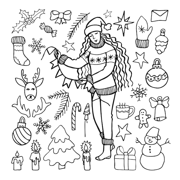 Meisje en kerstmis, zwart-wit tekening in doodle stijl.